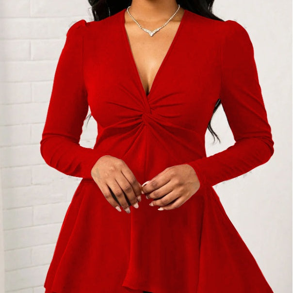 Women's Solid Color V-neck Cinched Waist Slimming Neckline Knot Design Wide And Relaxed Top